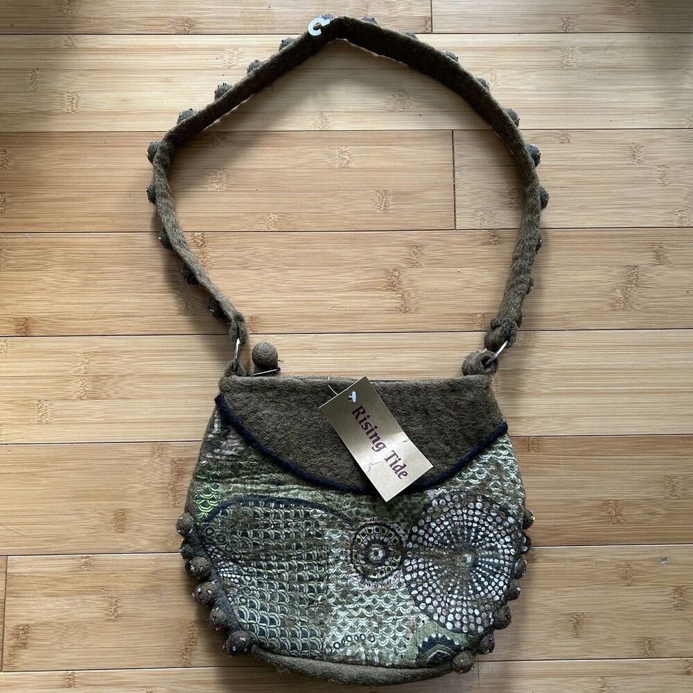 Rising Tide Wool Felted Shoulder Bag Purse Olive Green Artsy Handmade Zipper